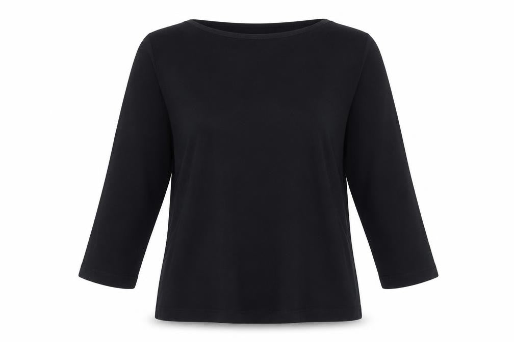 Front view of DP women’s black cotton basic t-shirt, size UK 14, round neck - materinty