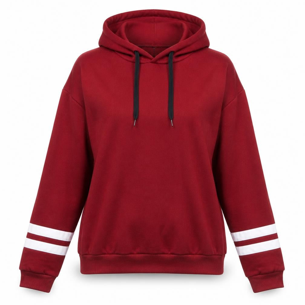 Front view of women’s red polyester pullover hoodie, size M
