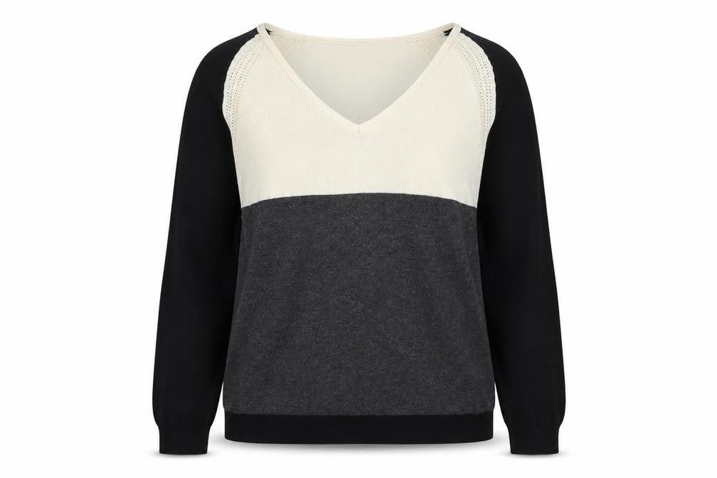 Front view of Marks & Spencer women’s multicoloured v-neck wool jumper, size UK 8