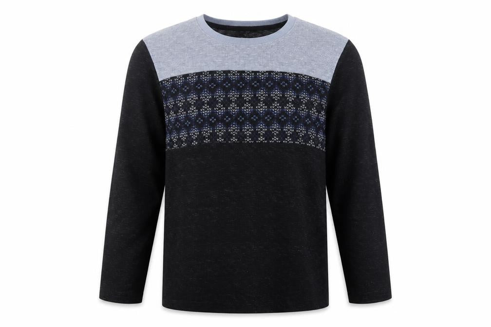 Front view of Jockey men’s blue round neck fair isle polyester jumper, size M