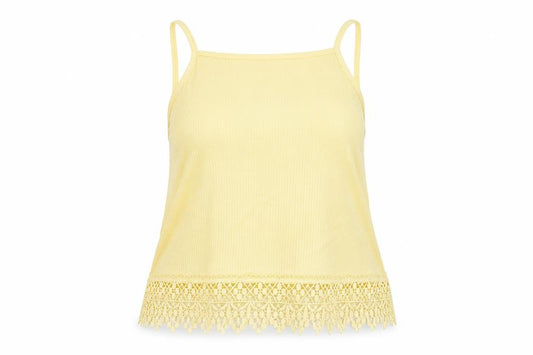 Front view of New Look women’s yellow polyester basic tank, size UK 12, square neck