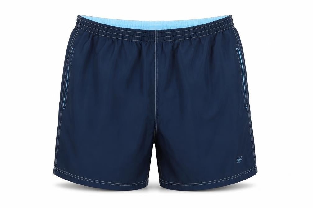 Front view of sloggi men’s blue polyester sweat shorts, size 40, regular