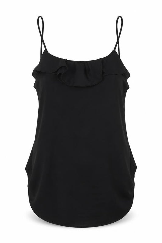 Front view of H&M women’s black polyester basic tank, size UK 6, round neck