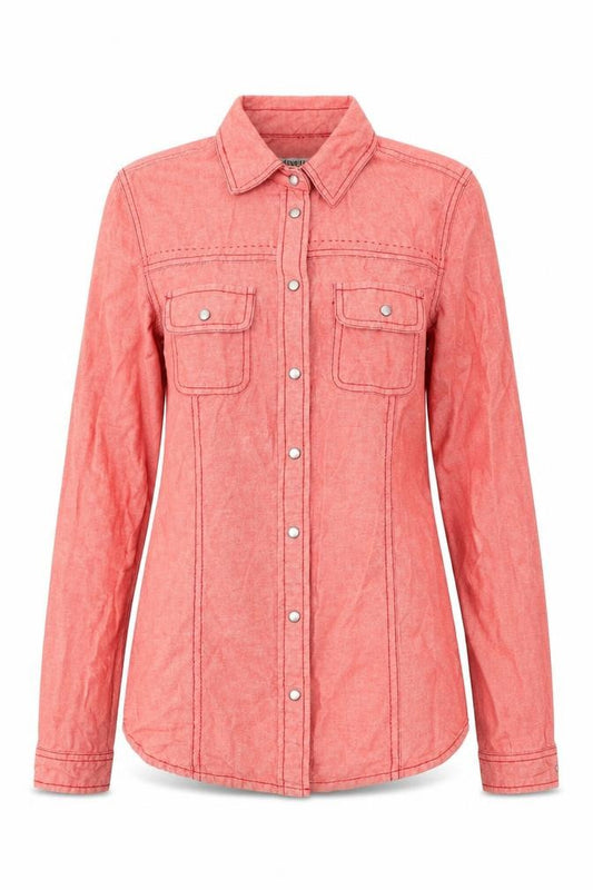 Front view of Kenvelo women’s red cotton basic button-up, size XS, collared