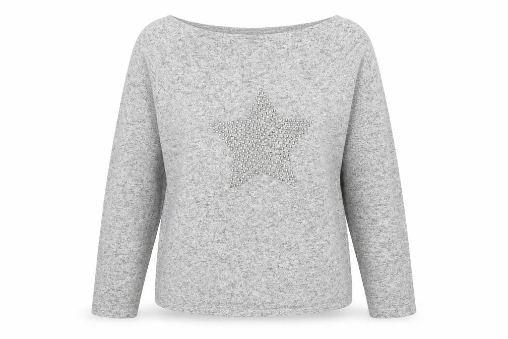 Front view of F&F women’s grey round neck viscose jumper, size UK 12