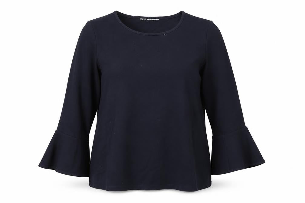 Front view of women’s blue rayon pullover sweatshirt, size M
