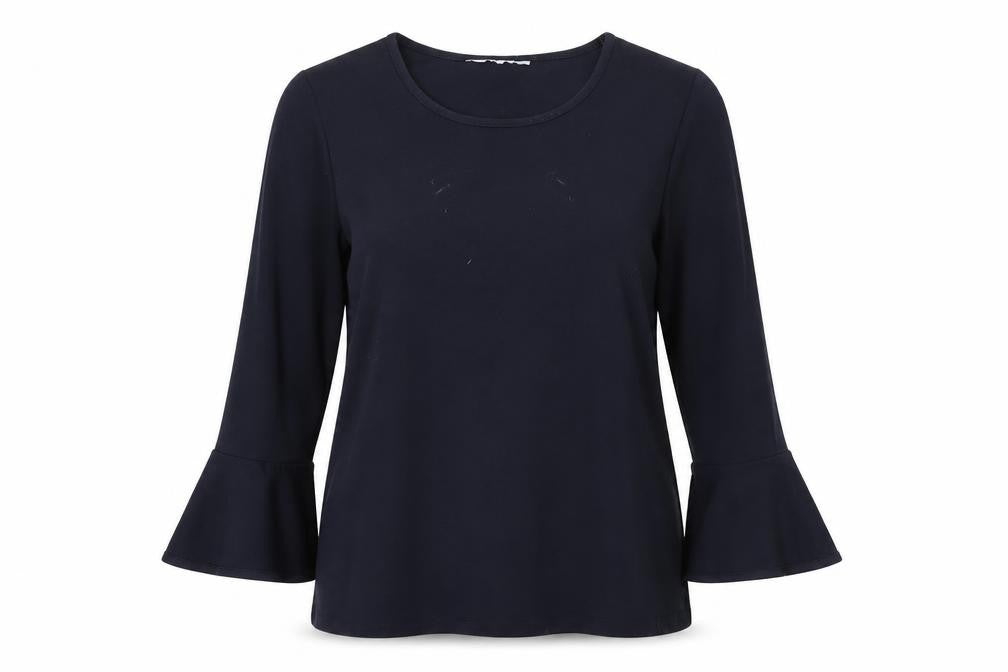 Front view of women’s blue rayon pullover sweatshirt, size M