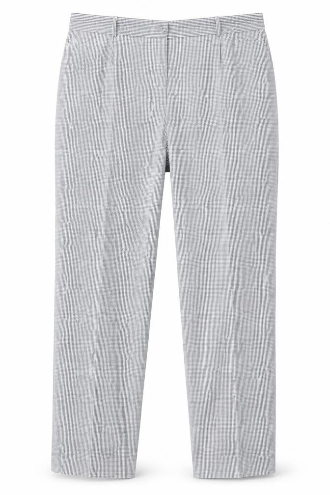 Front view of Preworn women’s blue check polyester trousers, size UK 38, 28-inch leg regular