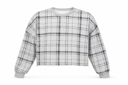 Front view of Primark women’s grey plaid polyester pullover sweatshirt, size UK 10