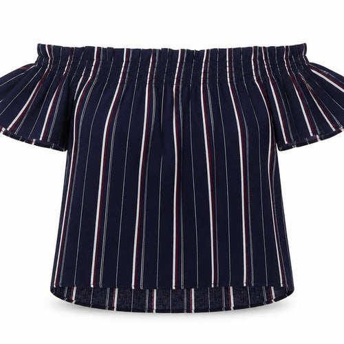 Pull&Bear Womens Blue Striped Viscose Basic Blouse Size S Round Neck