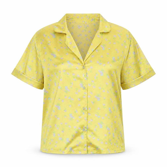 Front view of ASOS women’s yellow floral polyester basic button-up, size UK 8, collared
