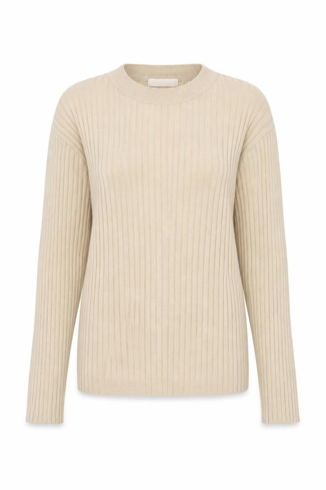 Front view of H&M women’s beige mock neck acrylic jumper, size M