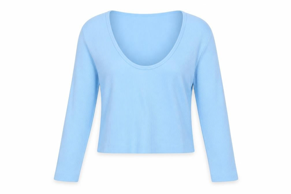 Front view of Dunnes women’s blue v-neck polyimide jumper, size M