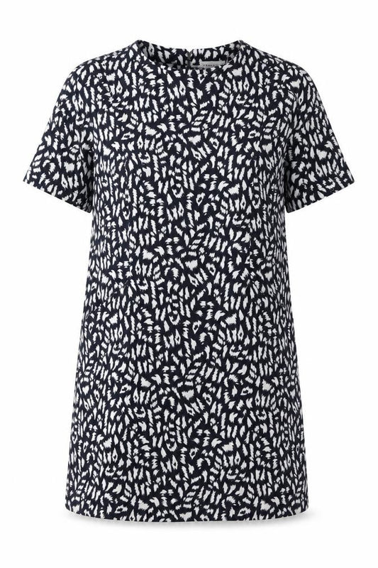 Front view of Warehouse women’s blue animal print polyester a-line, size UK 12, round neck