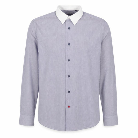 Front view of Next men’s blue striped polyester button-up, size 15, collared