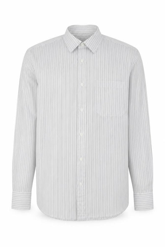 Front view of Burton men’s grey striped polyester button-up, size 15, collared