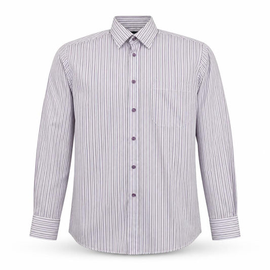 Front view of Taylor & Wright men’s purple striped polyester button-up, size 15, collared