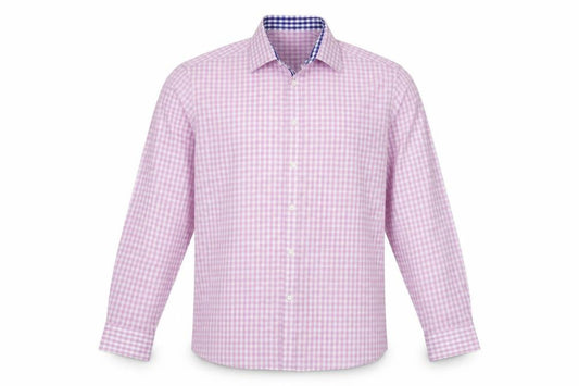 Front view of New Haven men’s pink check cotton button-up, size L, collared