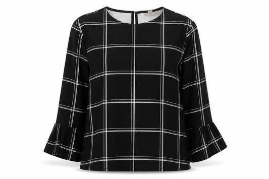 Front view of H&M women’s black check polyester basic blouse, size M, round neck