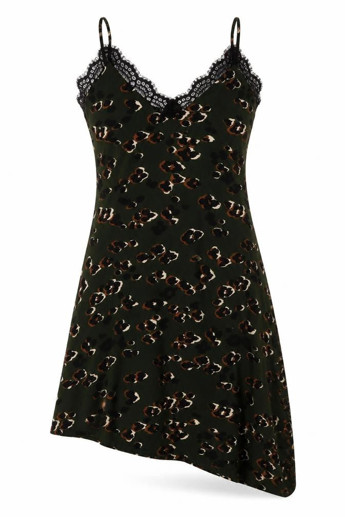 Front view of Diffuse women’s green animal print polyester trapeze & swing, size UK 10, v-neck