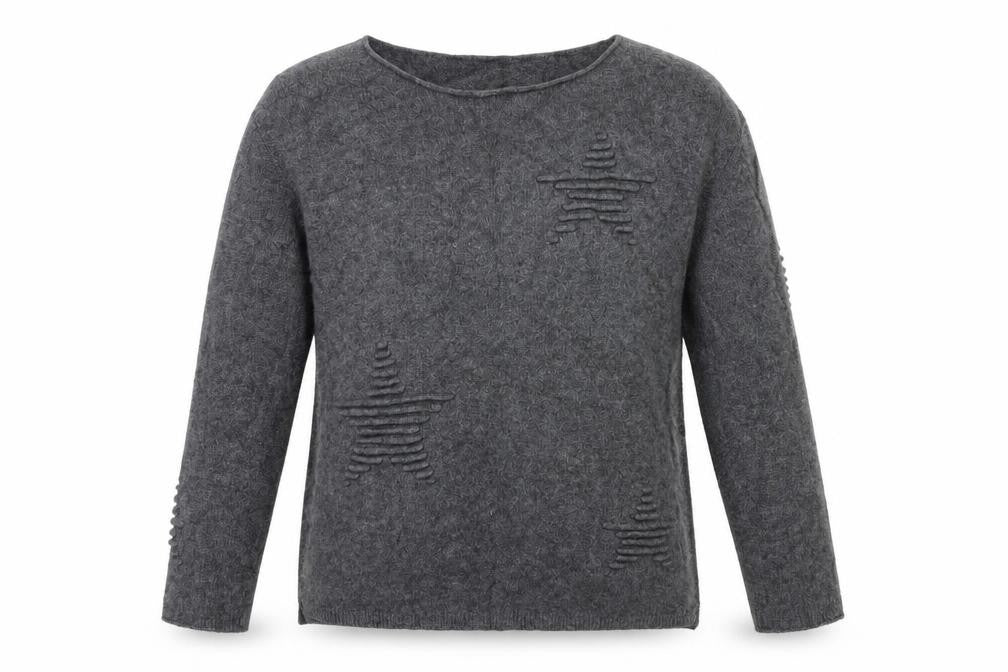 Front view of Made in Italy women’s grey boat neck viscose jumper, size L, - stars