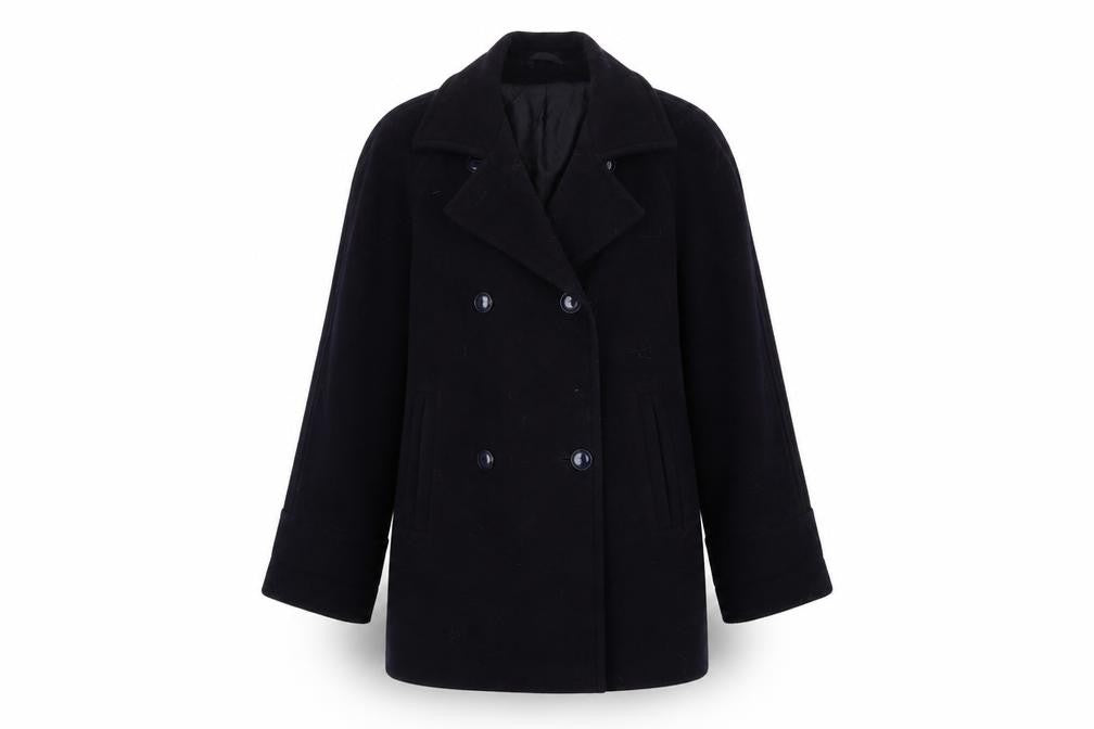 Front view of Canda women’s blue pea coat coat, size UK 12, button