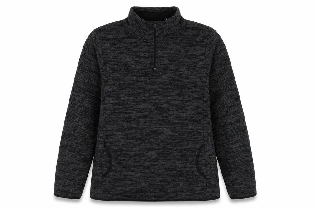 Front view of women’s grey polyester pullover sweatshirt, size L, zip