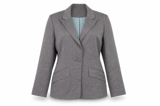 Front view of Next women’s grey striped jacket blazer, size UK 10, button