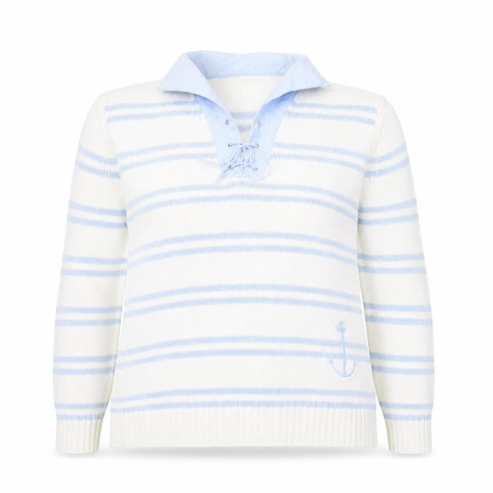 Front view of Marks & Spencer women’s multicoloured collared striped cotton jumper, size UK 14
