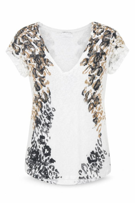 Front view of SET women’s multicoloured animal print linen basic blouse, size UK 8, round neck