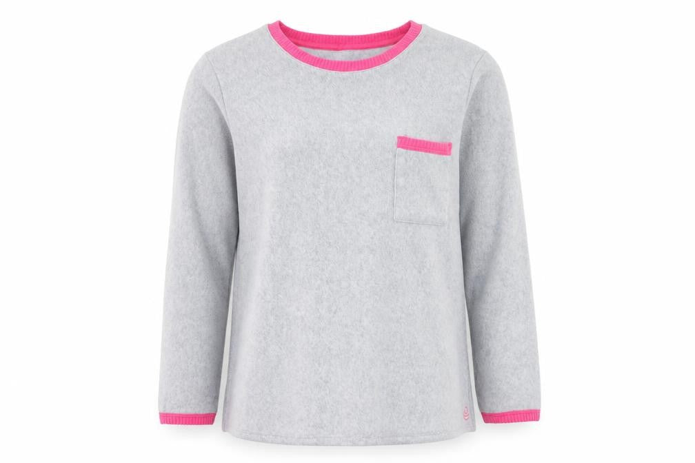 Front view of Preworn women’s grey round neck polyester jumper, size L