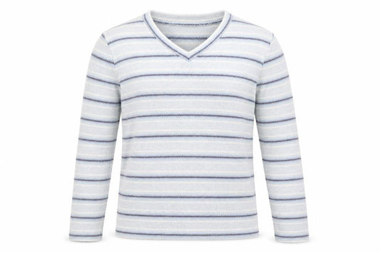 Front view of David Nieper men’s blue v-neck striped cotton jumper, size S