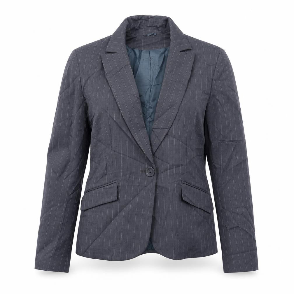 Front view of Dorothy Perkins women’s grey striped jacket, size UK 12