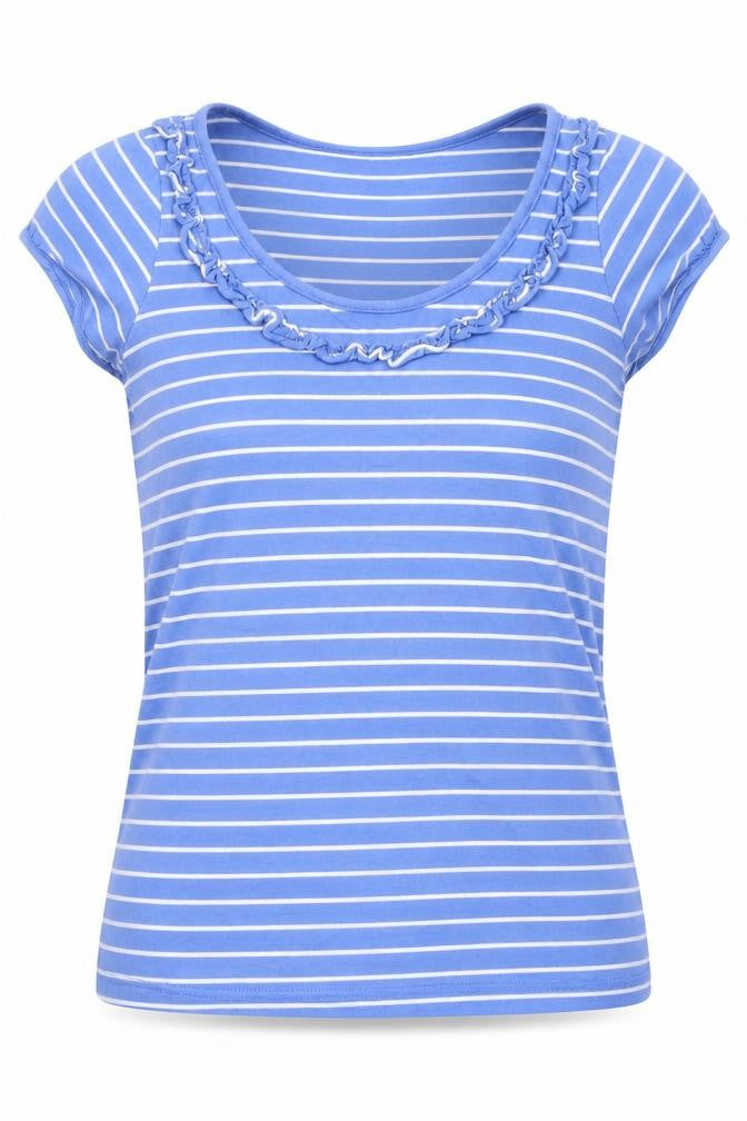 Front view of BHS women’s blue striped cotton basic t-shirt, size UK 8, round neck