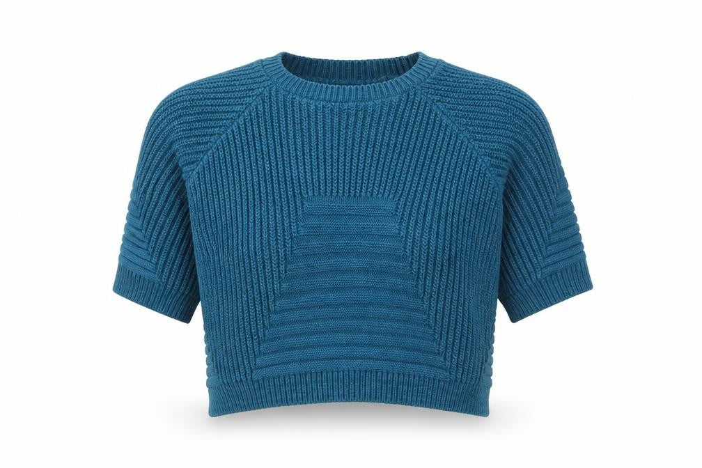 Front view of Exhibit women’s blue round neck cotton blend jumper, size S