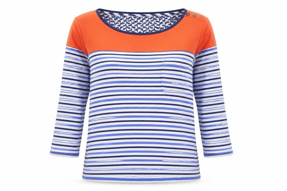 Front view of Per Una women’s multicoloured striped 100% cotton pullover sweatshirt, size UK 14, pullover