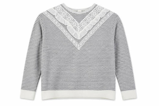 Front view of Matalan women’s grey striped polyester pullover sweatshirt, size UK 14, pullover
