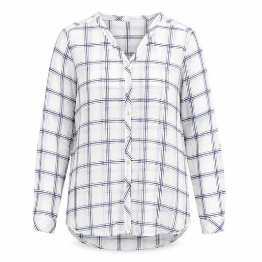 Front view of Dunnes women’s white plaid polyester basic button-up, size UK 12, collared