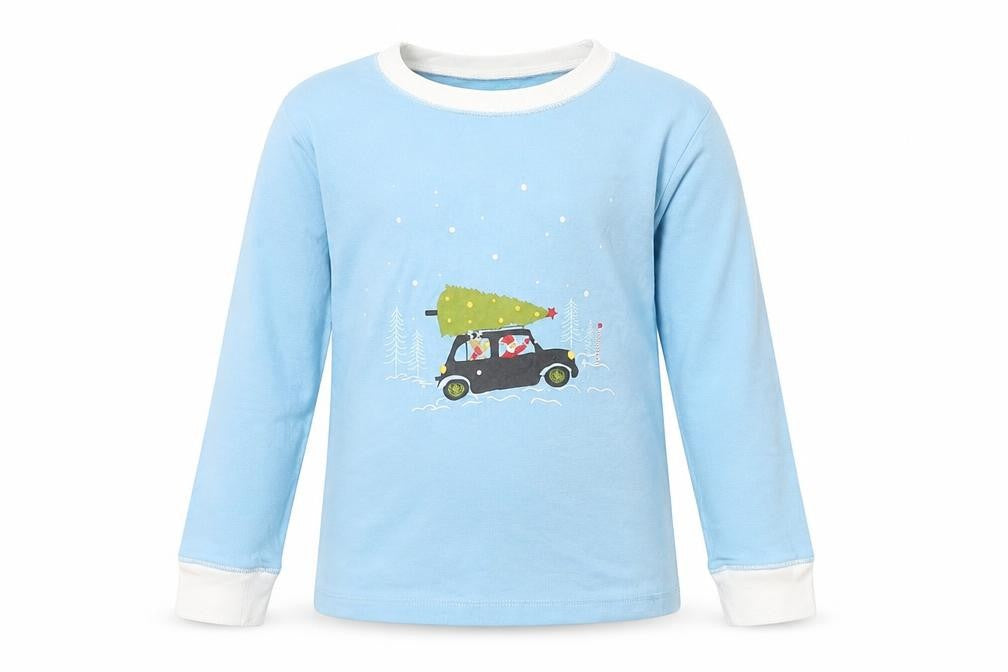 Front view of Leigh Tucker boys’ blue cotton basic casual, size 6-7, years crew neck pullover - christmas tee