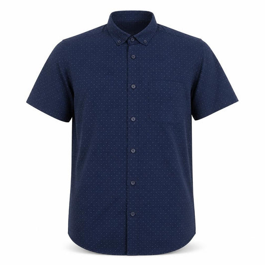 Front view of Primark men’s blue polka dot polyester button-up, size S, collared button