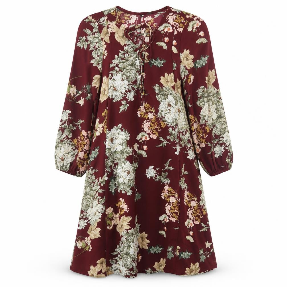 Front view of Stradivarius women’s red floral polyester a-line, size S, v-neck pullover