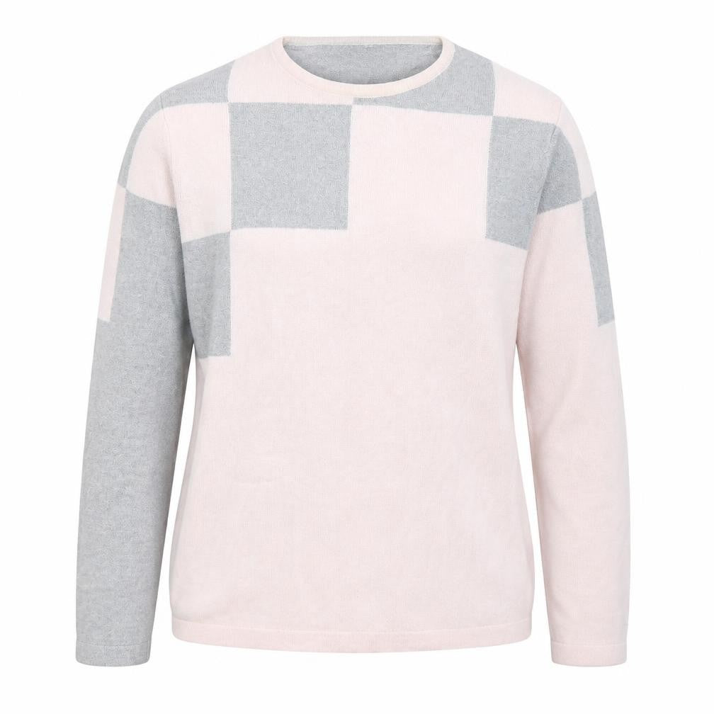 Front view of Parkes women’s pink round neck geometric wool jumper, size S