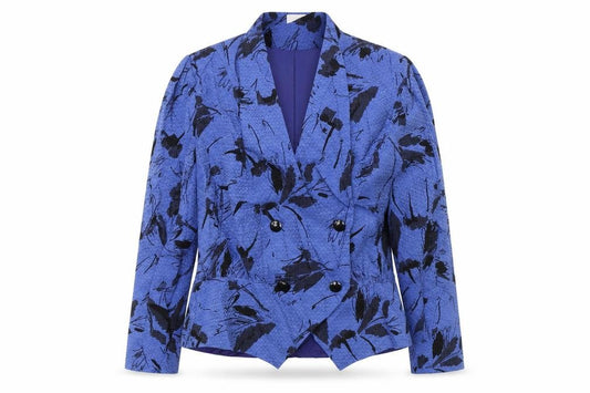Front view of KohlHaas women’s blue geometric jacket blazer, size UK 14, button