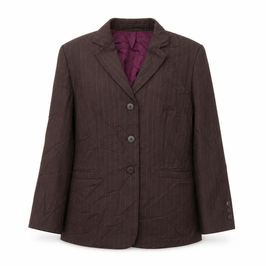 Front view of Marks & Spencer women’s brown striped wool jacket suit jacket, size UK 12