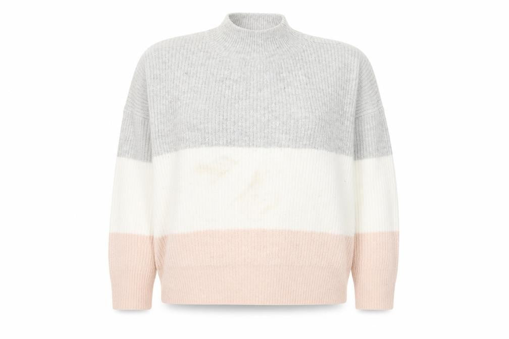 Front view of Primark women’s multicoloured high neck striped acrylic jumper, size UK 14