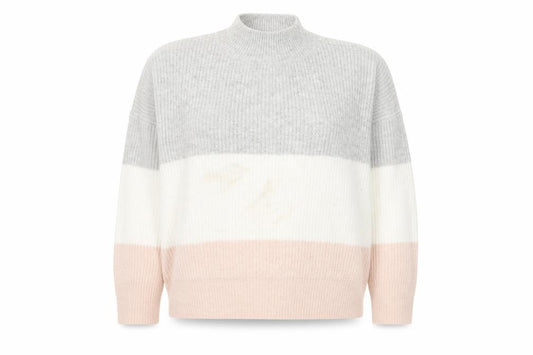 Front view of Primark women’s multicoloured high neck striped acrylic jumper, size UK 14