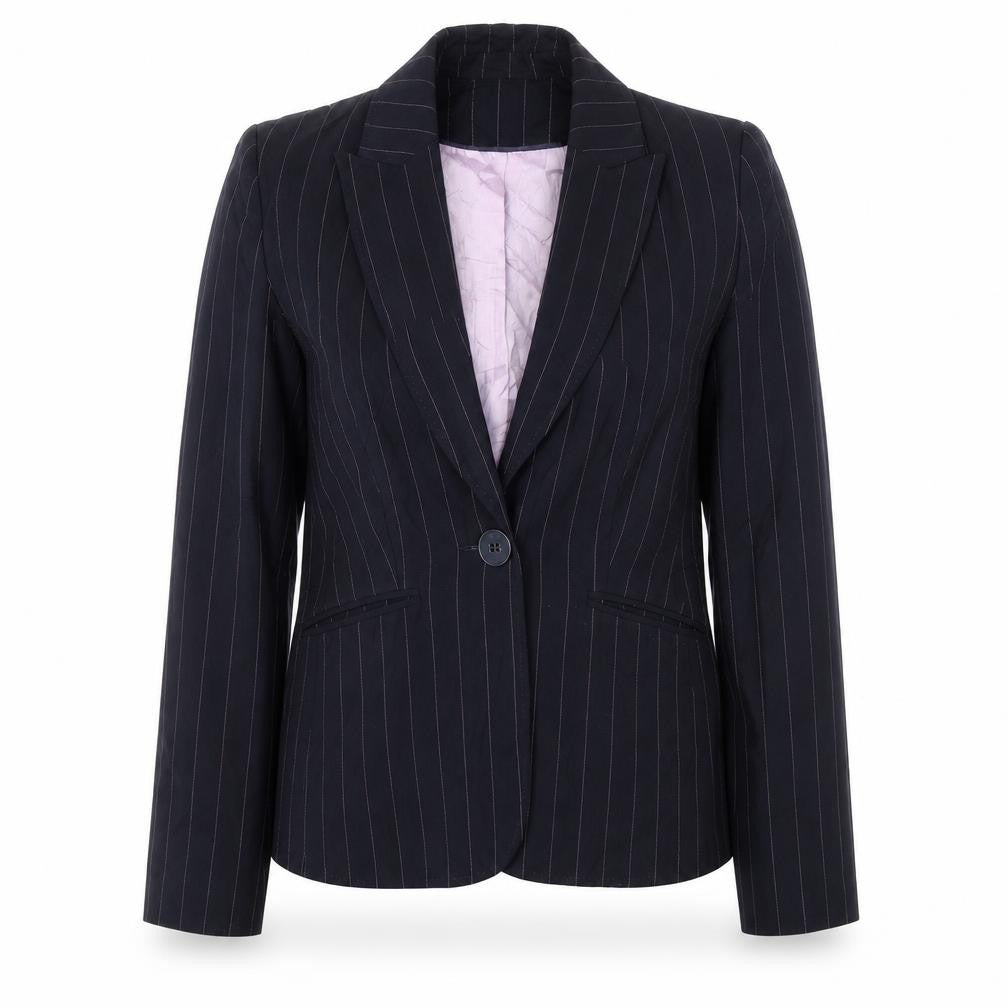 Front view of J.Taylor women’s black striped jacket blazer, size UK 10, button