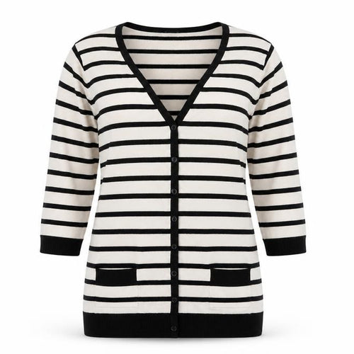 Sky Womens Black V-Neck Striped Viscose Cardigan Jumper Size M
