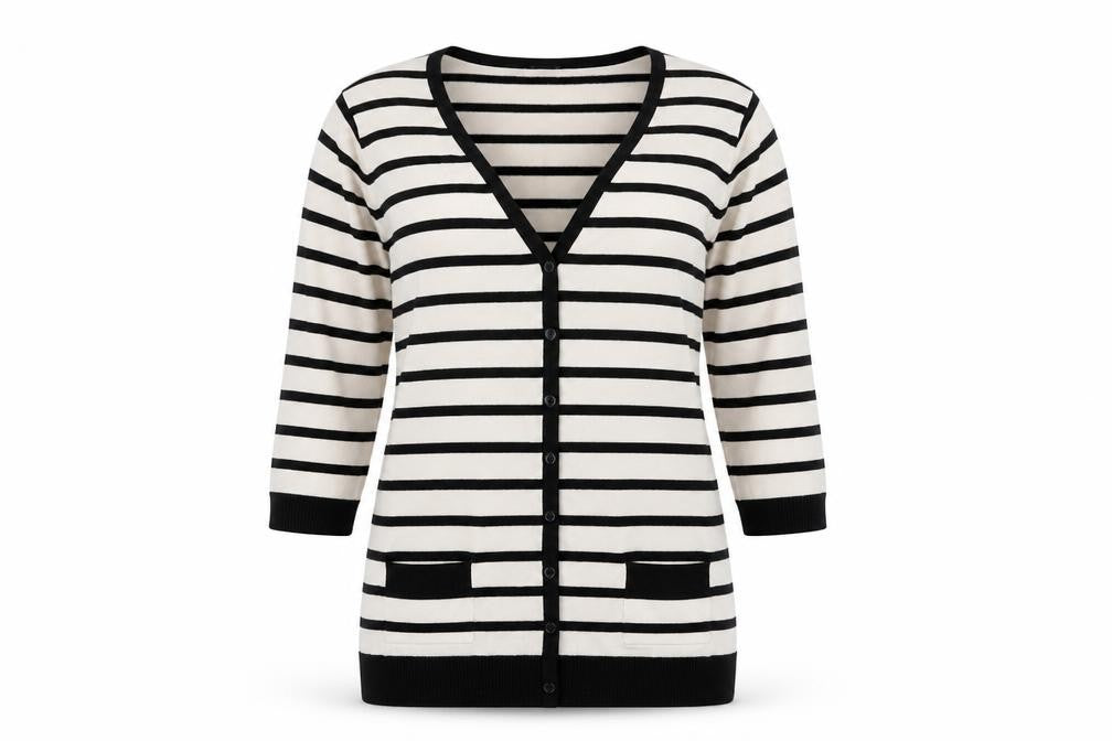 Sky Womens Black V-Neck Striped Viscose Cardigan Jumper Size M