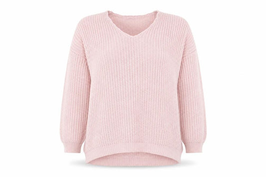 Front view of ASOS women’s pink v-neck acrylic jumper, size UK 12